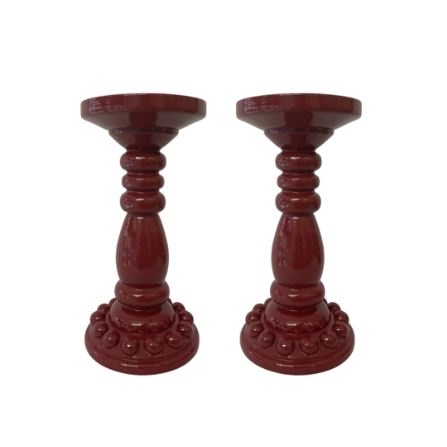 Pair of Deep Red Bobbin Candle Holders (Large)