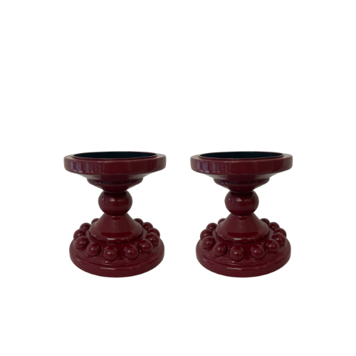 Pair of Deep Red Bobbin Candle Holders (Small)