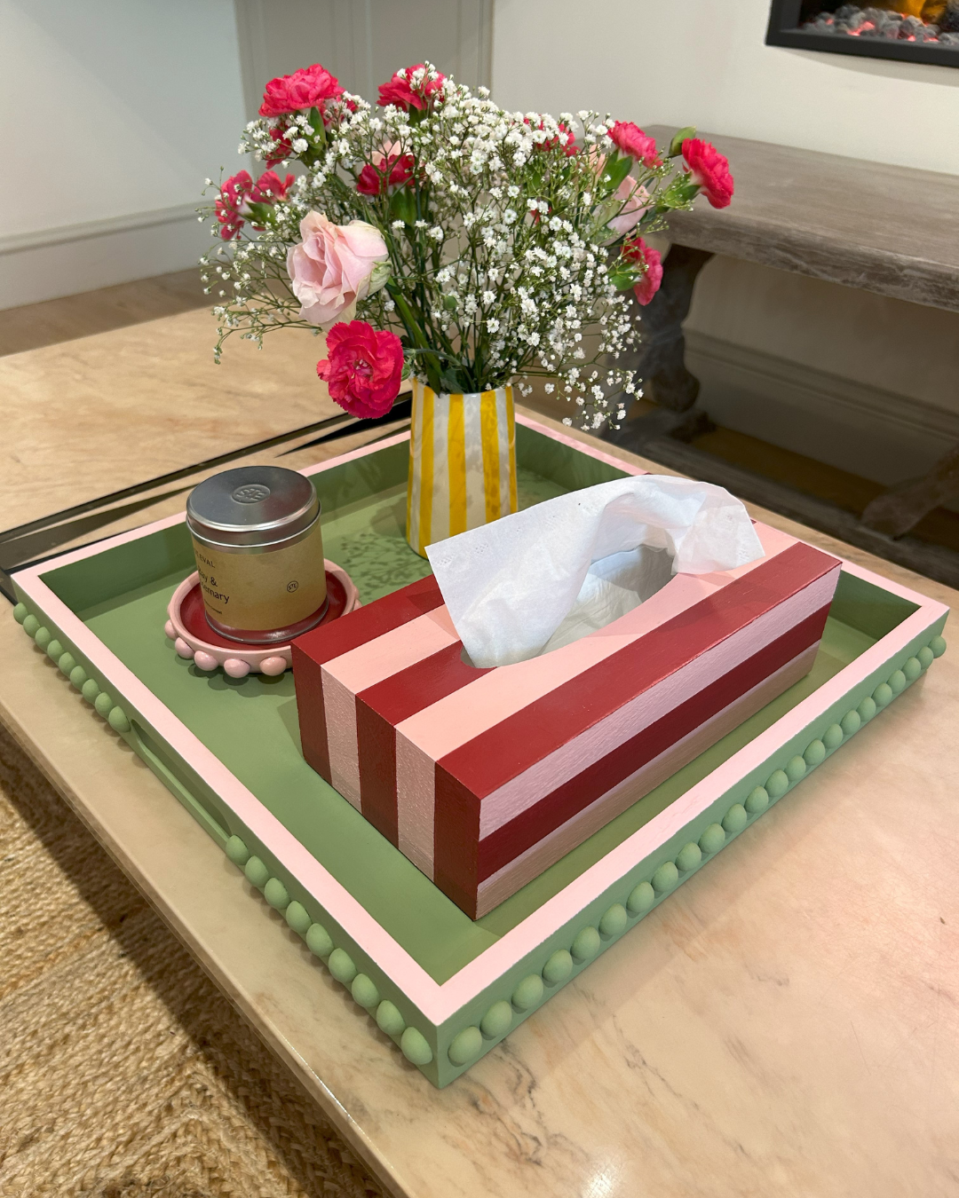 Green Bobbin Style Coffee Table Tray with a Pink edge