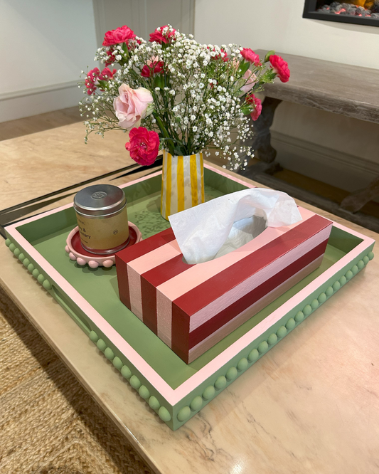 Green Bobbin Style Coffee Table Tray with a Pink edge
