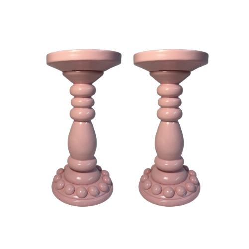 Pair of Light Pink Bobbin Candle Holders (Large)