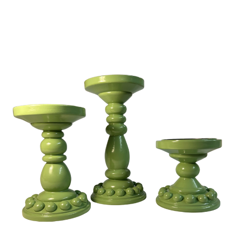 Pair of Light Green Bobbin Candle Holders (Small)