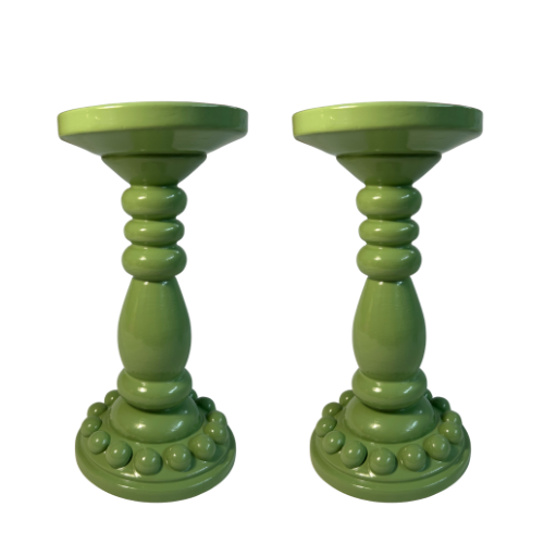 Pair of Light Green Bobbin Candle Holders (Large)