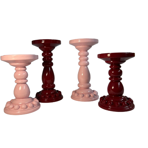 Pair of Deep Red Bobbin Candle Holders (Medium)