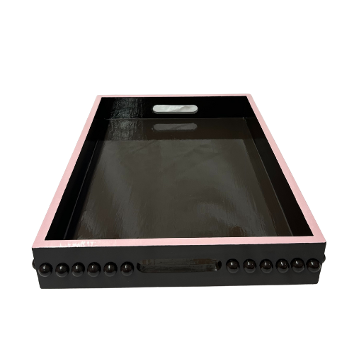 Brown Bobbin Coffee Table Tray with Pink Edge