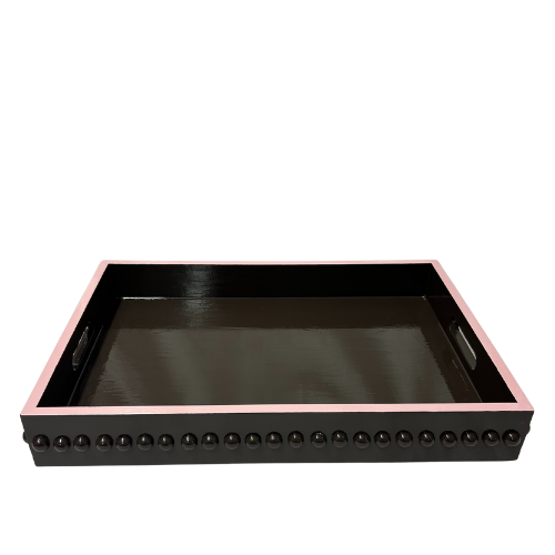 Brown Bobbin Coffee Table Tray with Pink Edge