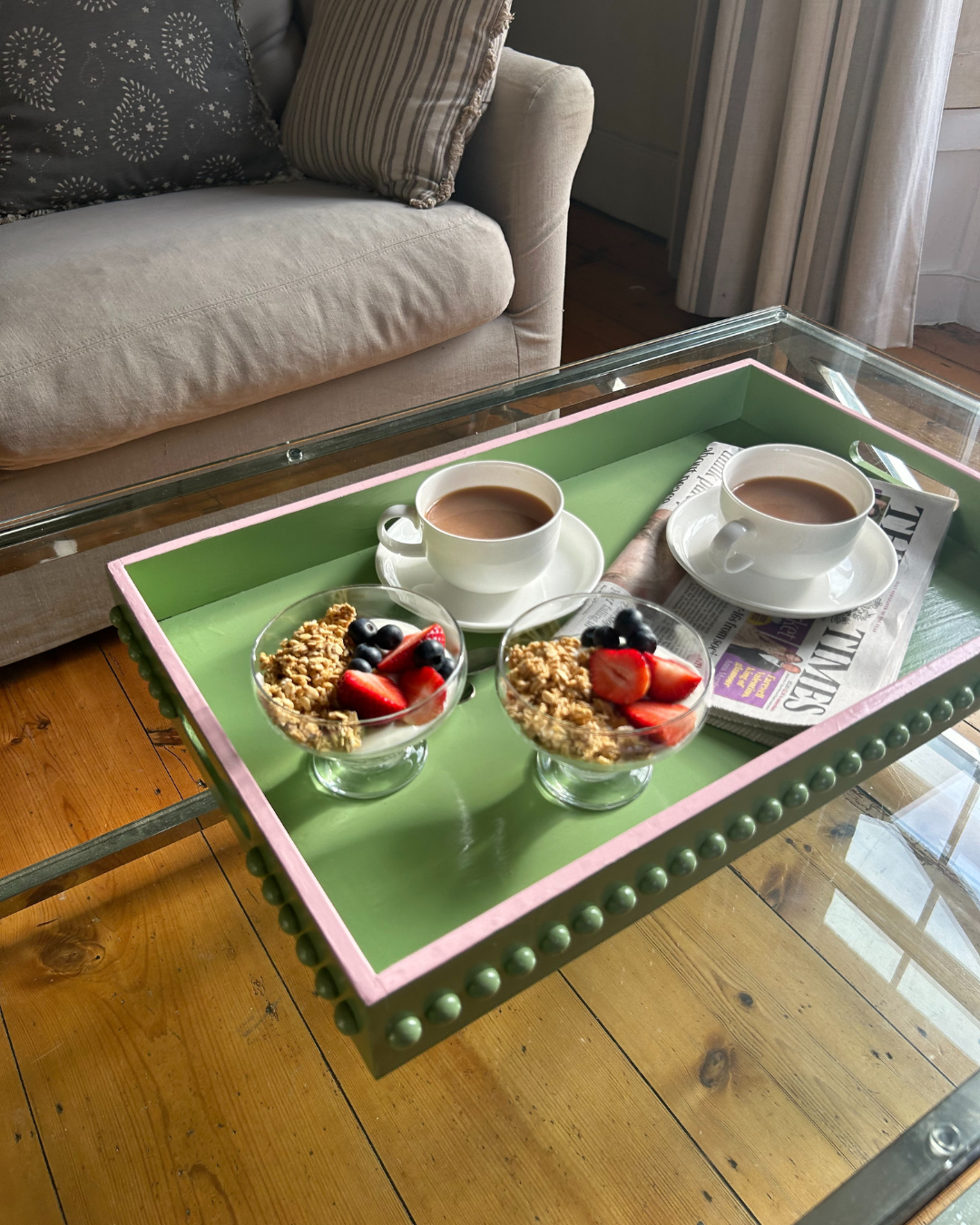 Green Bobbin Style Coffee Table Tray with Pink Edge