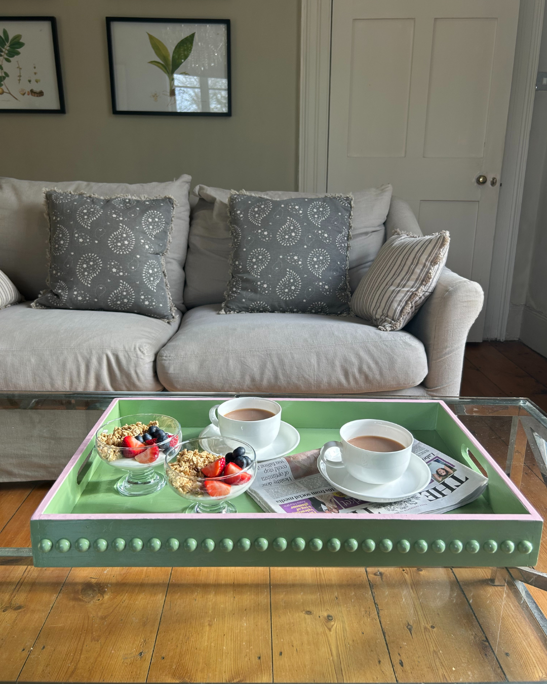 Green Bobbin Style Coffee Table Tray with Pink Edge