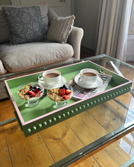 Green Bobbin Style Coffee Table Tray with Pink Edge