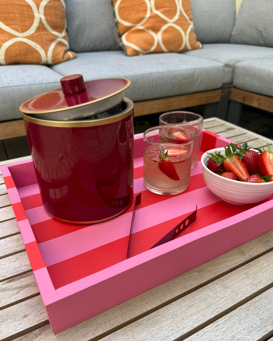 Hand painted pink and red striped tray.