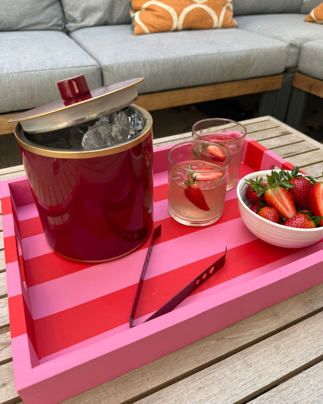 Vibrant Pink and Poppy Red Decorative Striped Tray with handles