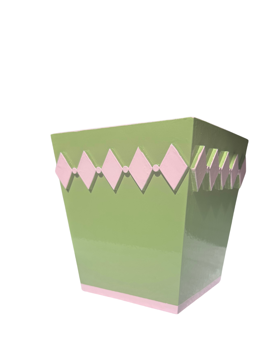 Hand-painted Wooden Plant Pot — Pistachio & Pink Diamond Design