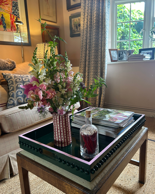 Forest Green Bobbin Lacquer Tray with Blush Pink Edge