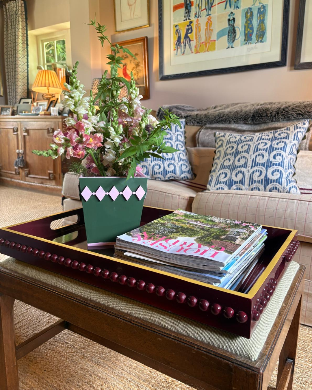 Deep Red Bobbin Lacquer Tray with mustard yellow Edge