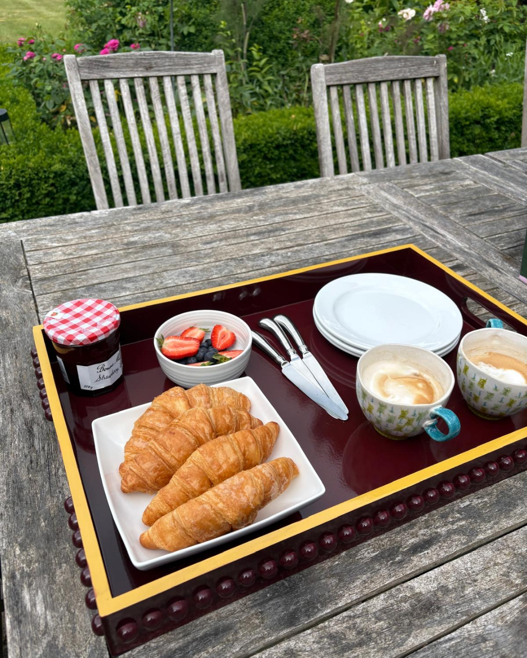 Deep Red Bobbin Lacquer Tray with mustard yellow Edge