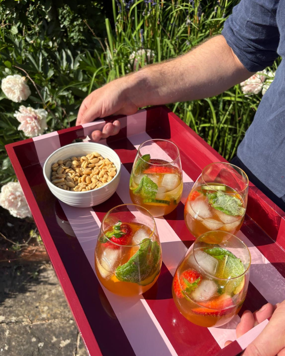 Pink and Red Striped Decorative tray with Handles.