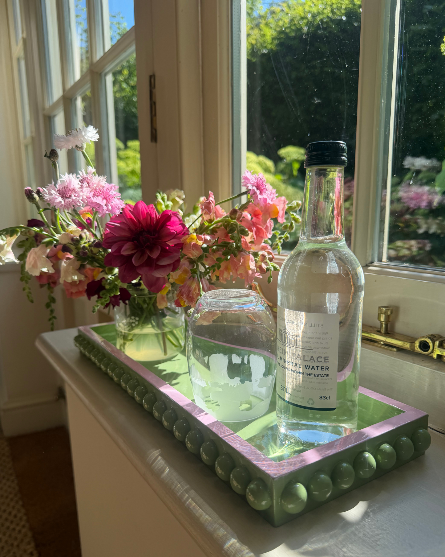 Green Bobbin Style Decorative Tray with Pink Edge