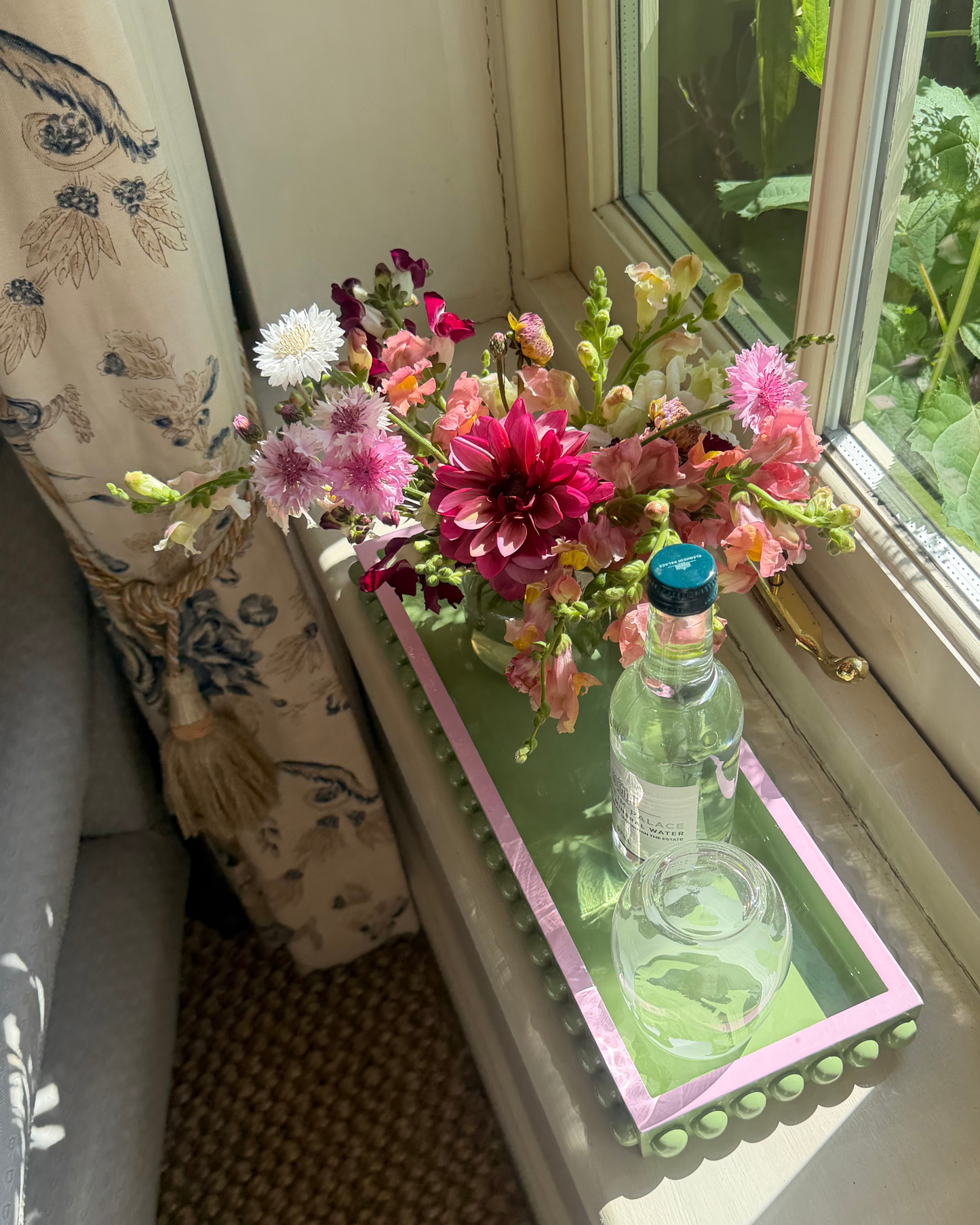 Green Bobbin Style Decorative Tray with Pink Edge