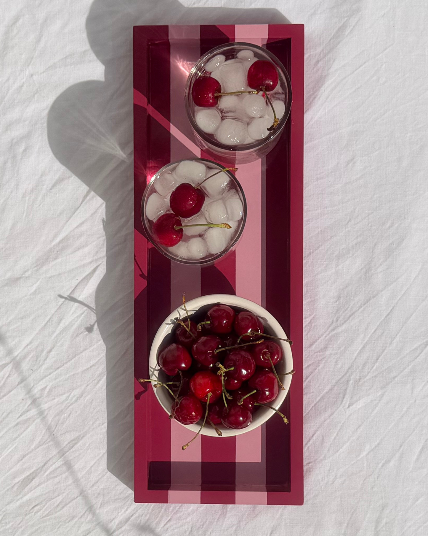 Hand-painted Striped Wooden Serving Tray | Lacquer Drinks Tray 40cm — Raspberry & Blush Pink