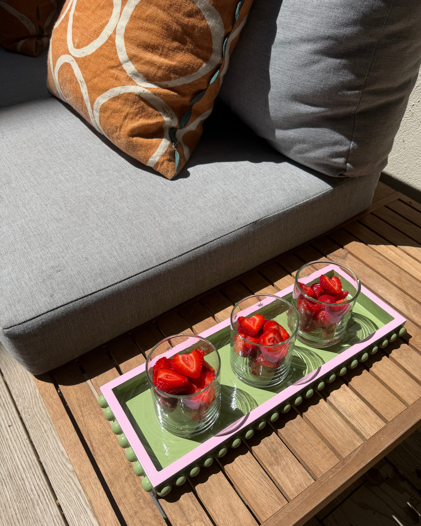 Green Bobbin Style Decorative Tray with Pink Edge