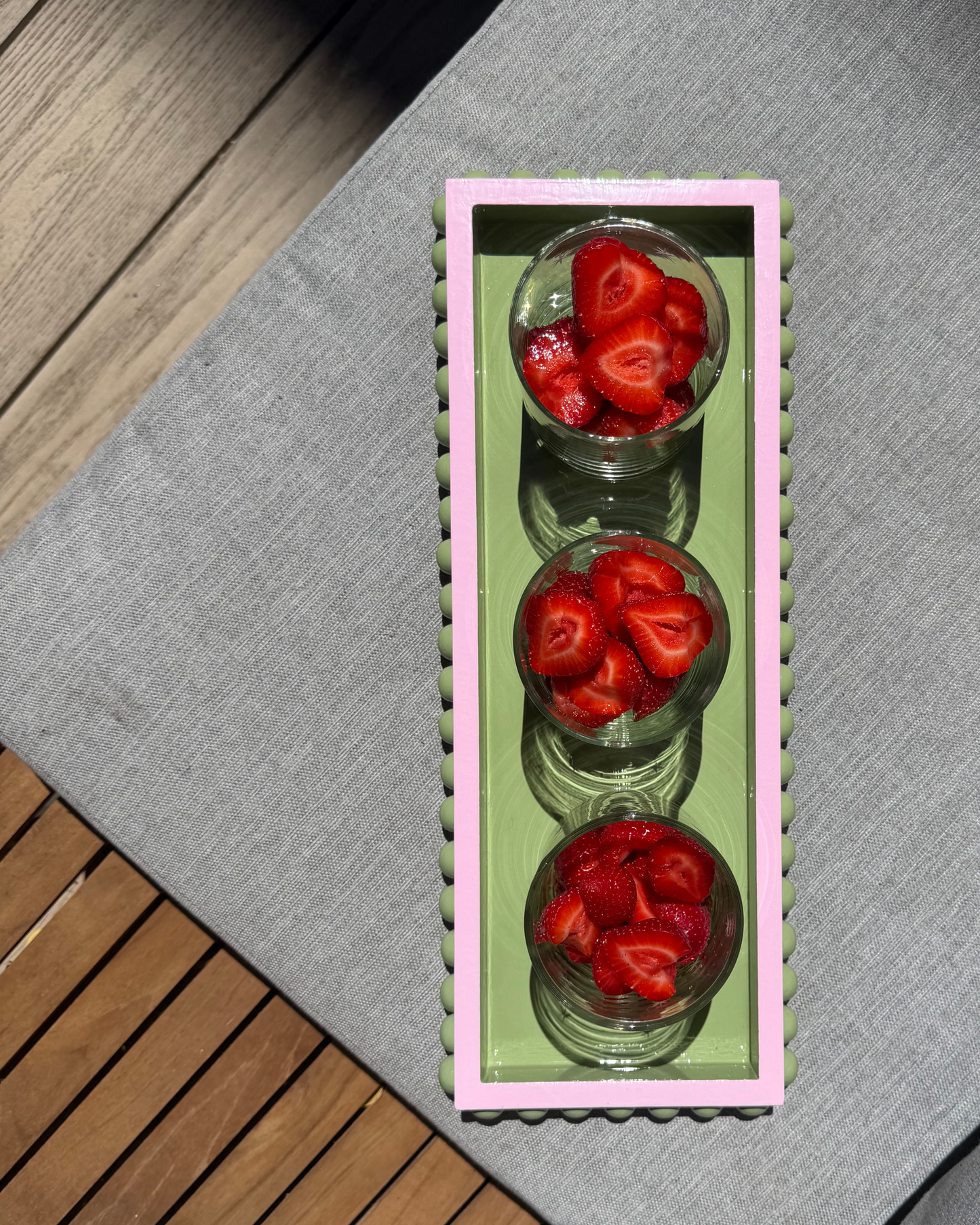 Green Bobbin Style Decorative Tray with Pink Edge