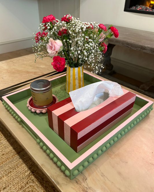 Green Bobbin Style Coffee Table Tray with Pink Edge